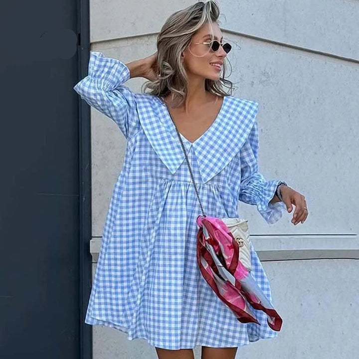 Elegant Blue Print Cotton Mini Dress